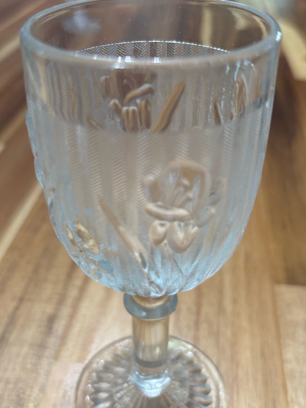 Pressed Glass Floral Goblet - Clear Wine Glass